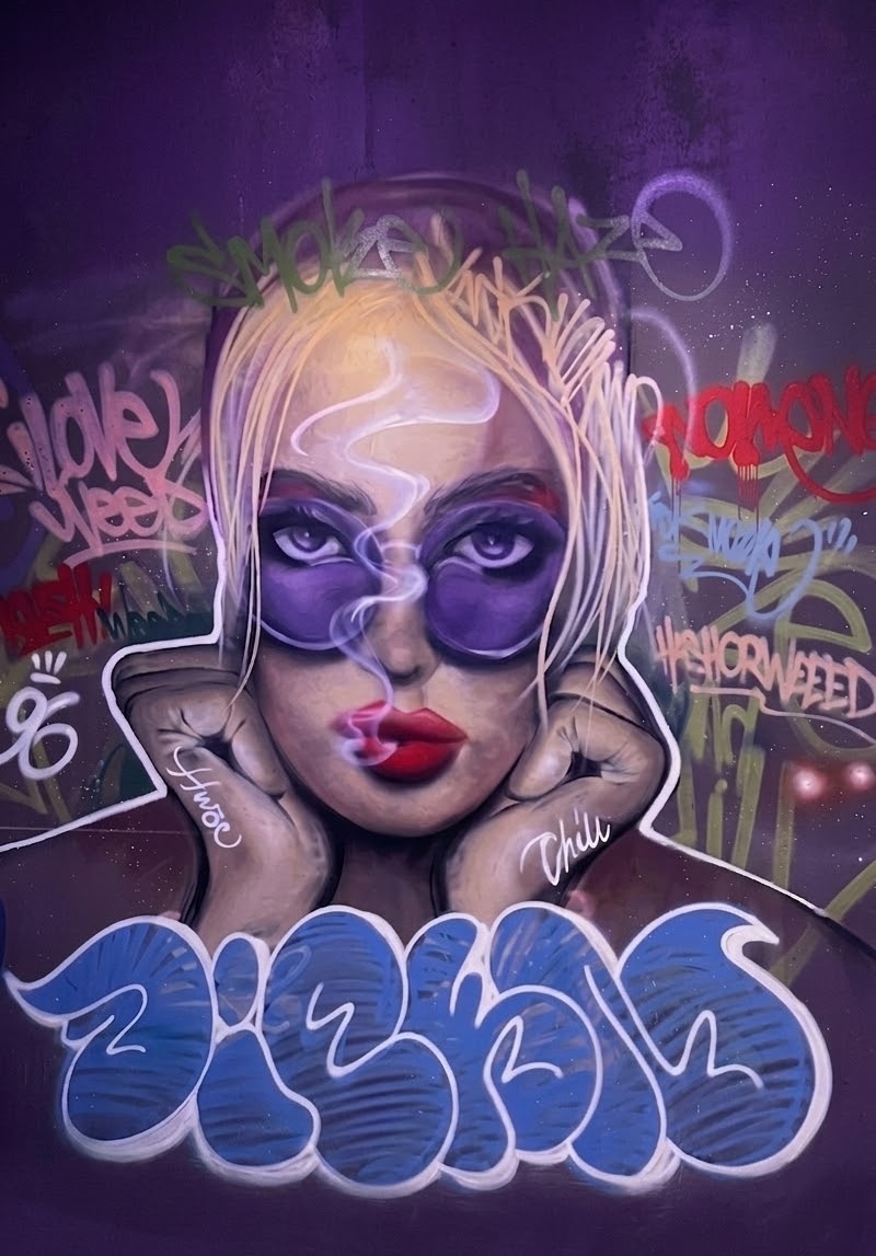 Neon-lila Mural einer rauchenden Frau bei Haze and Chill in Kassel